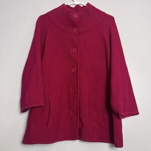 Talbots Womens Cable Knit Button Up Cardigan Sz XL Pink Mock Neck Cotton